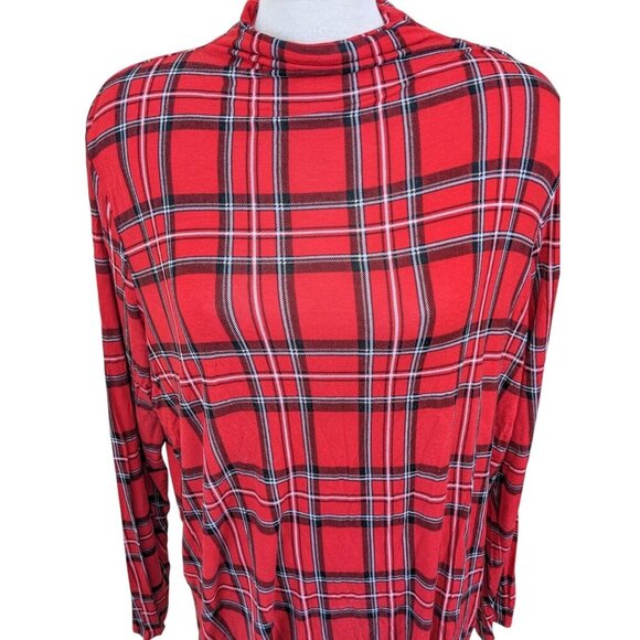 Womens Plus Size XXL Top Red Tartan Plaid Mock Neck Stretch Thin Lightweight - Picture 2 of 5